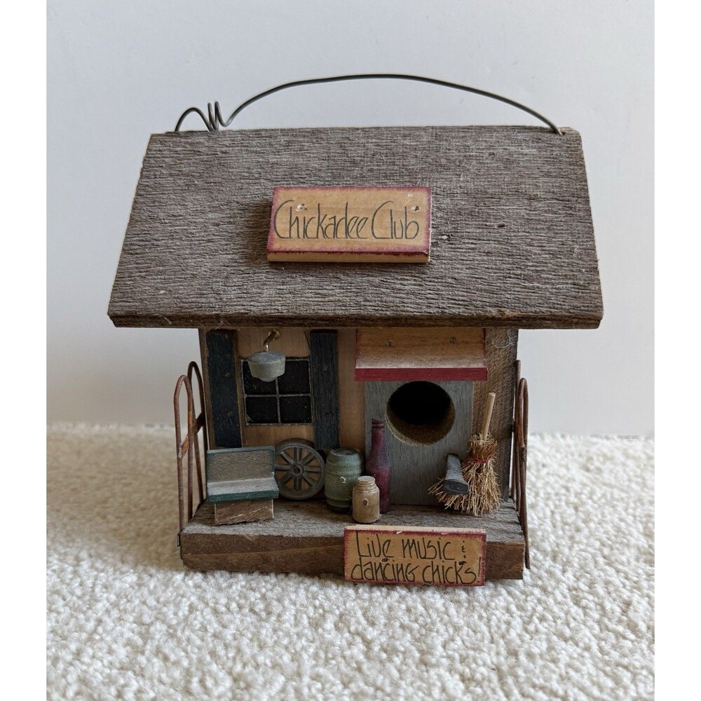 Rustic Wooden Birdhouse "Chickadee Club" Country Folk Art  6 Inch